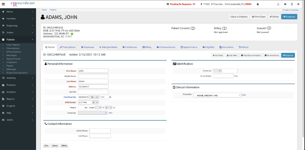 e-Prescribe.net patient management and prescription interface